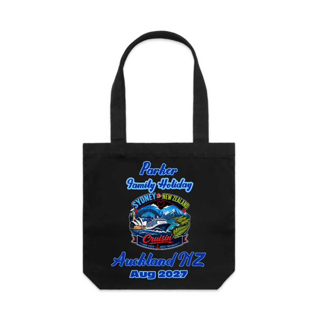 Personalised black AS Colour Carrie Bag for a Sydney to New Zealand cruise, featuring a front print with family name, Auckland destination, August 2027 cruise date and matching family holiday design.