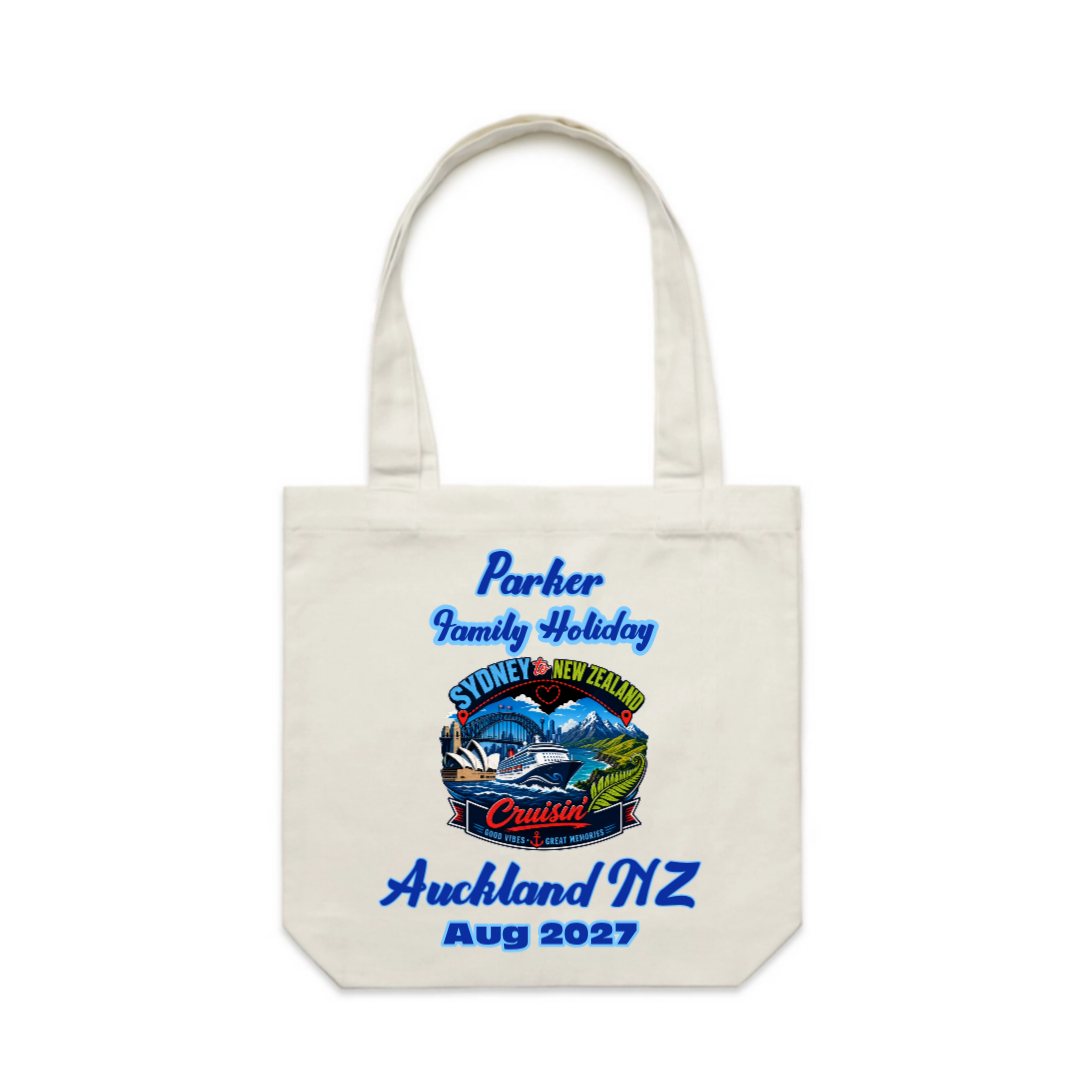 Personalised cream AS Colour Carrie Bag for a Sydney to New Zealand cruise, featuring a front print with family name, Auckland destination, cruise date and matching family holiday design.