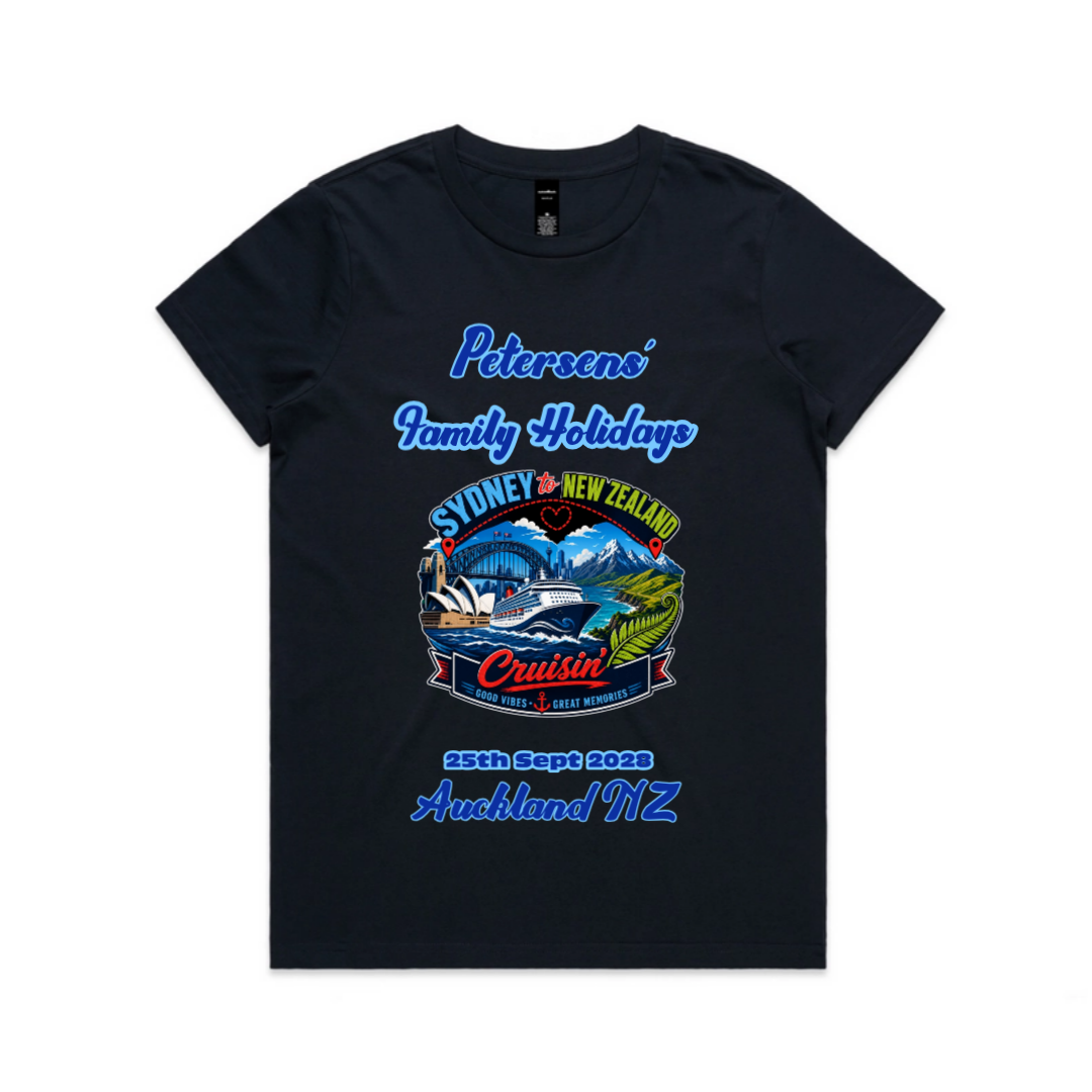 Personalised black AS Colour Maple Tee with front print for a Sydney to New Zealand cruise, featuring family holiday text, cruise date, Auckland NZ destination and Sydney-to-New-Zealand cruise design.