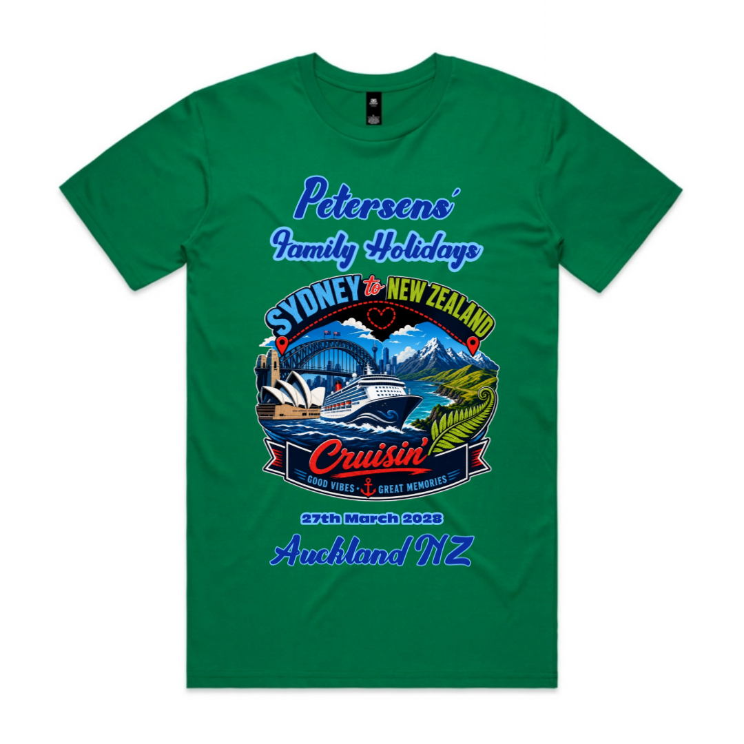 Personalised Kelly Green AS Colour Staple Tee with front print for a Sydney to New Zealand cruise, featuring family name, cruise date, Auckland NZ destination and matching family holiday design.