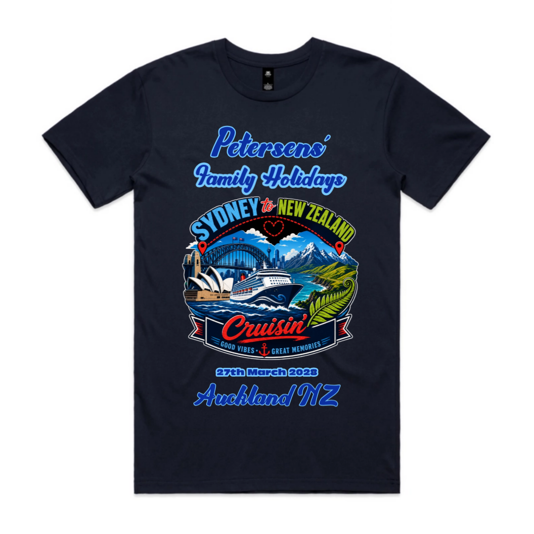 Personalised navy AS Colour Staple Tee with front print for a Sydney to New Zealand cruise, featuring family name, cruise date, Auckland NZ destination and matching family holiday design.