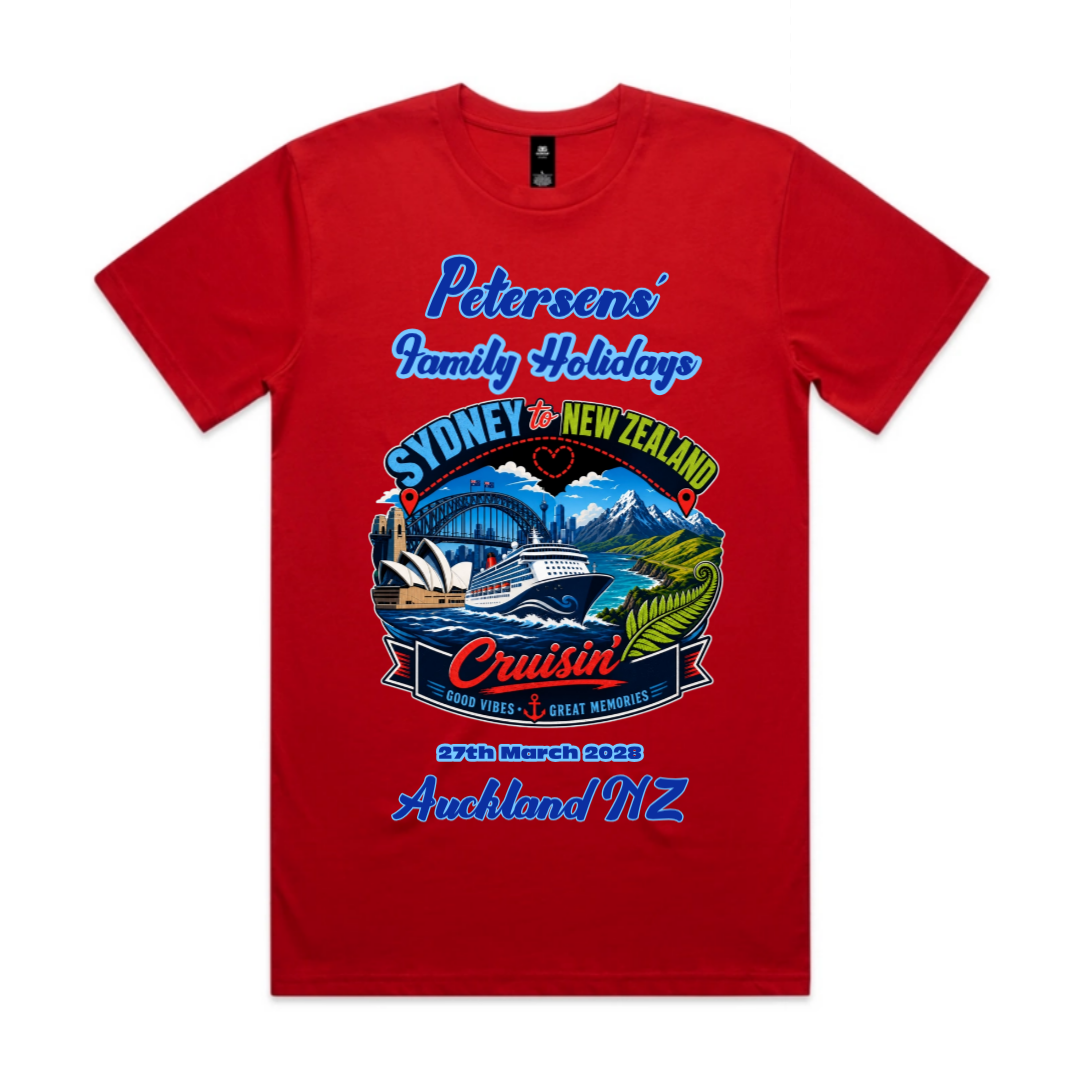 Personalised red AS Colour Staple Tee with front print for a Sydney to New Zealand cruise, featuring family name, cruise date, Auckland NZ destination and matching family holiday design.