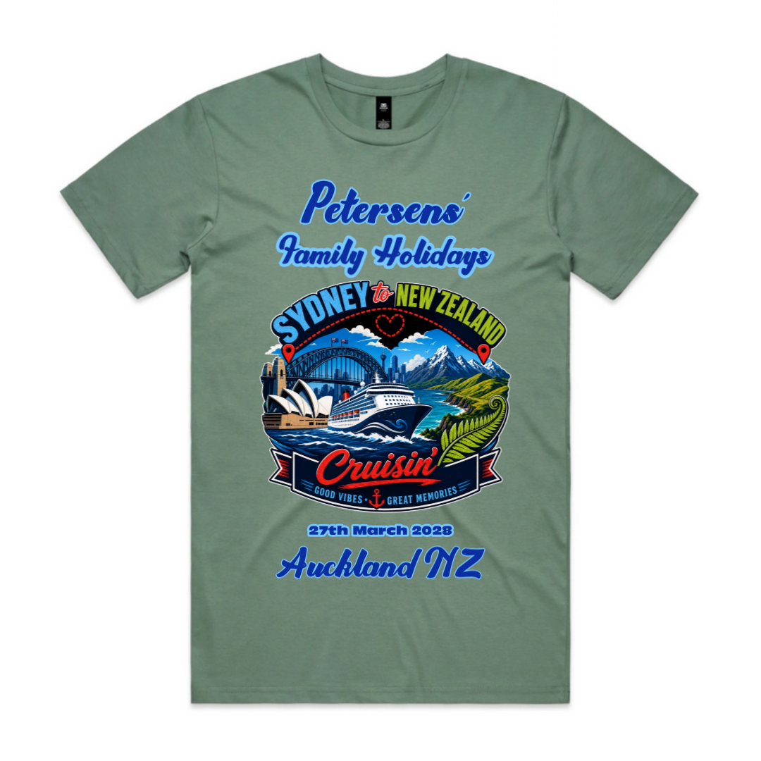 Personalised sage AS Colour Staple Tee with front print for a Sydney to New Zealand cruise, featuring family name, cruise date, Auckland NZ destination and matching family holiday design.