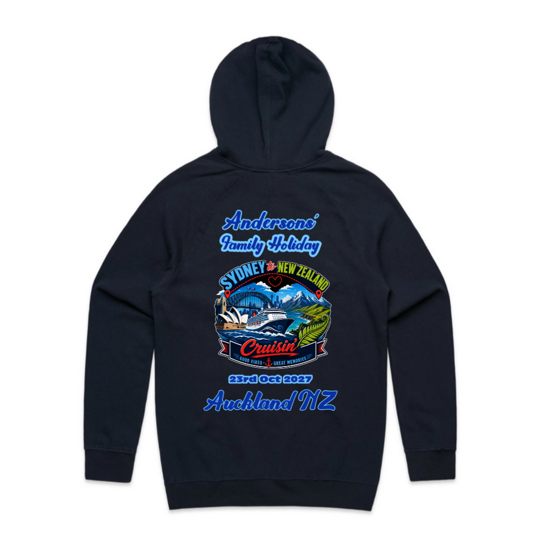 Personalised black AS Colour Supply Hoodie with back print for a Sydney to New Zealand cruise, featuring family holiday text, cruise date and Auckland NZ destination.