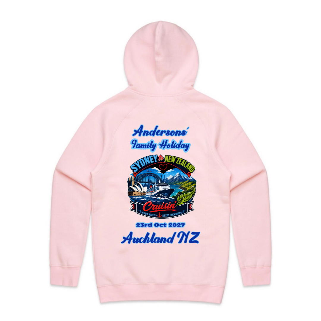 Personalised pink AS Colour Supply Hoodie with back print for a Sydney to New Zealand cruise, featuring family name, cruise date, Auckland NZ destination and matching family holiday design.