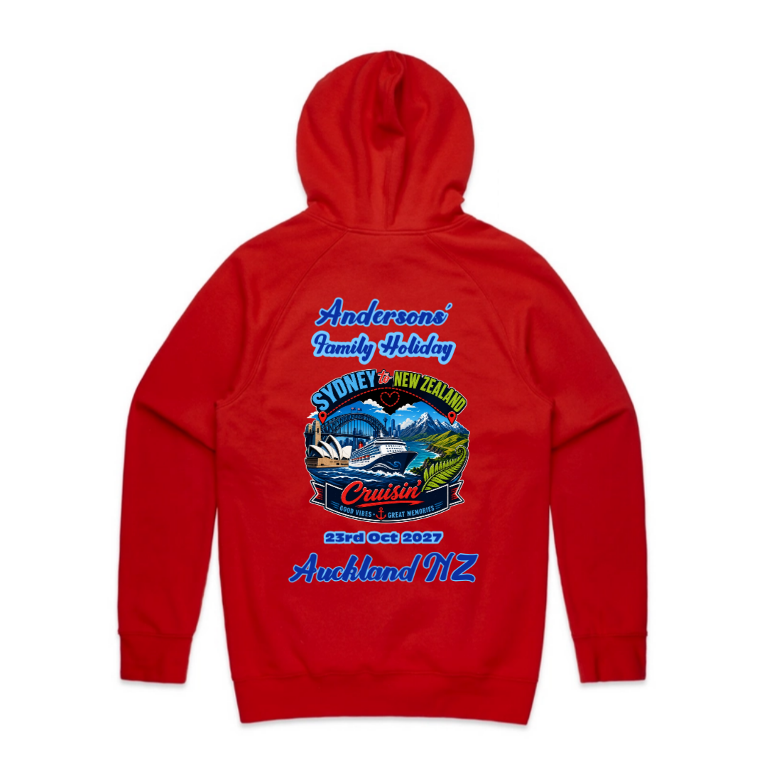 Personalised red AS Colour Supply Hoodie with back print for a Sydney to New Zealand cruise, featuring family name, cruise date, Auckland NZ destination and matching family holiday design.