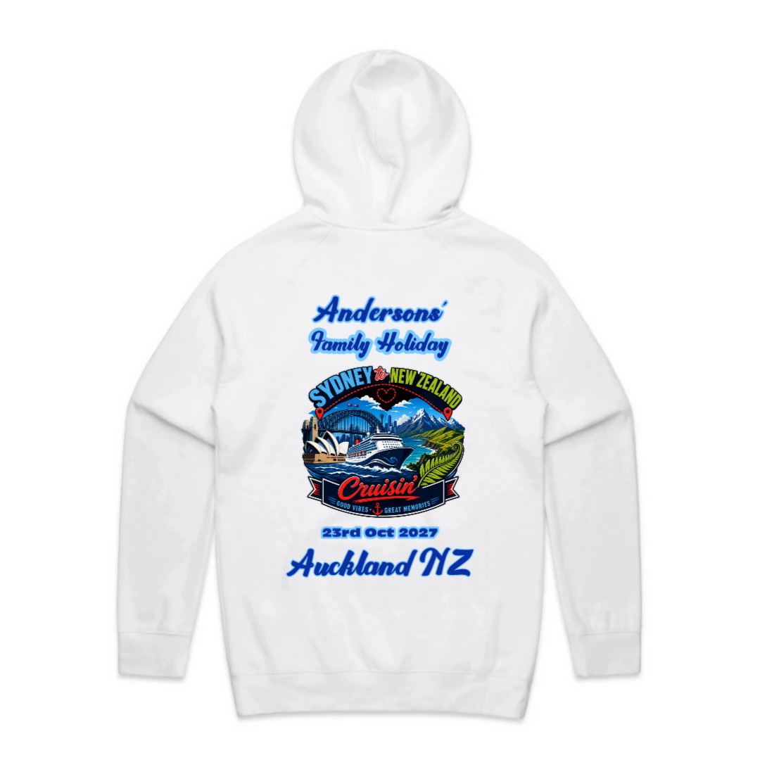 Personalised white AS Colour Supply Hoodie with back print for a Sydney to New Zealand cruise, featuring family name, cruise date, Auckland NZ destination and matching family holiday design.