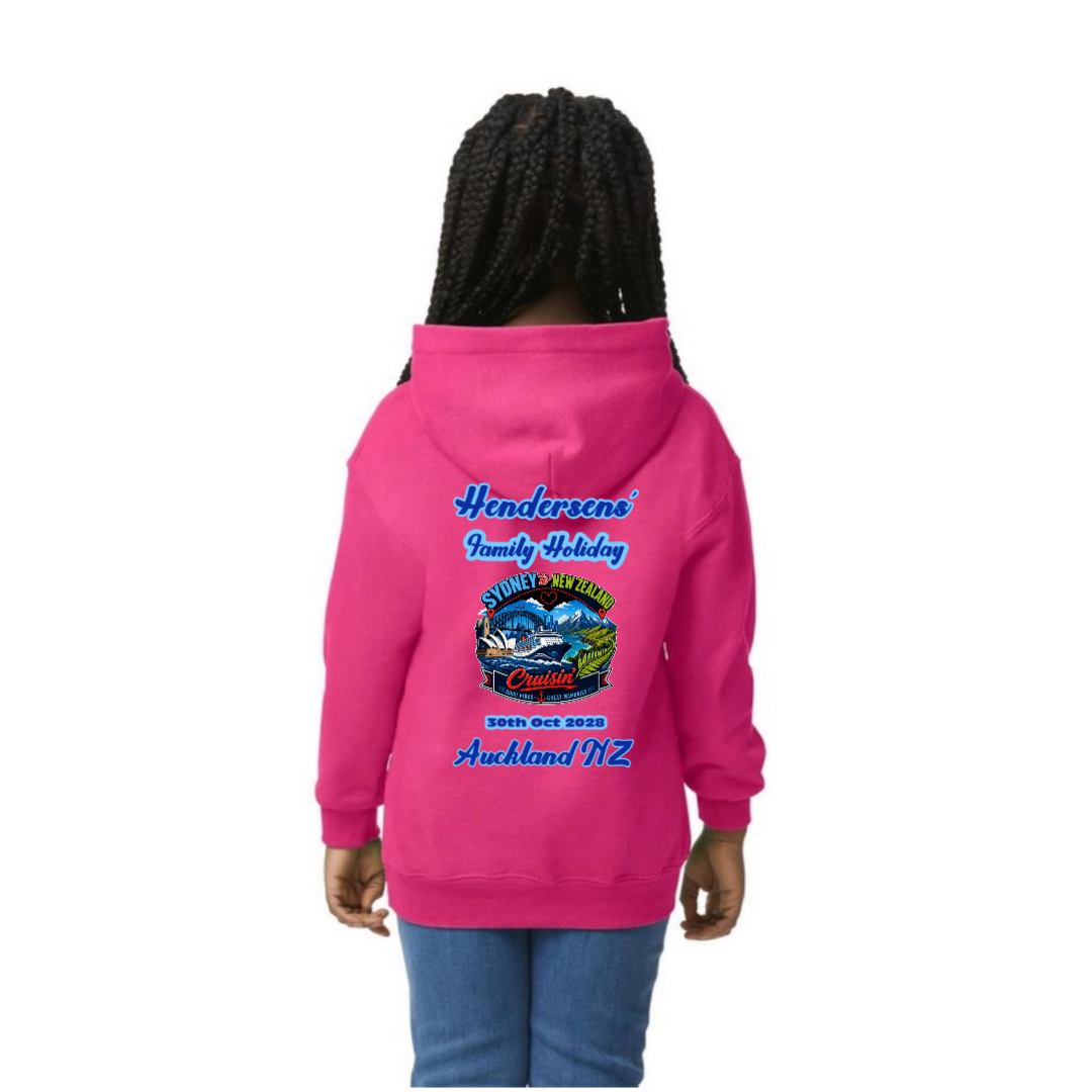 Youth wearing a personalised Heliconia Gildan 18500B kids hoodie with back print for a Sydney to New Zealand cruise, featuring family holiday text, Auckland NZ destination and 30th Oct 2028 travel date.