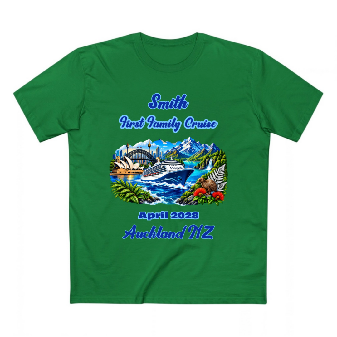 Kelly Green Staple Tee personalised for a Sydney to New Zealand family cruise with stopovers, featuring cruise ship, Sydney Harbour, New Zealand scenery and custom family details.