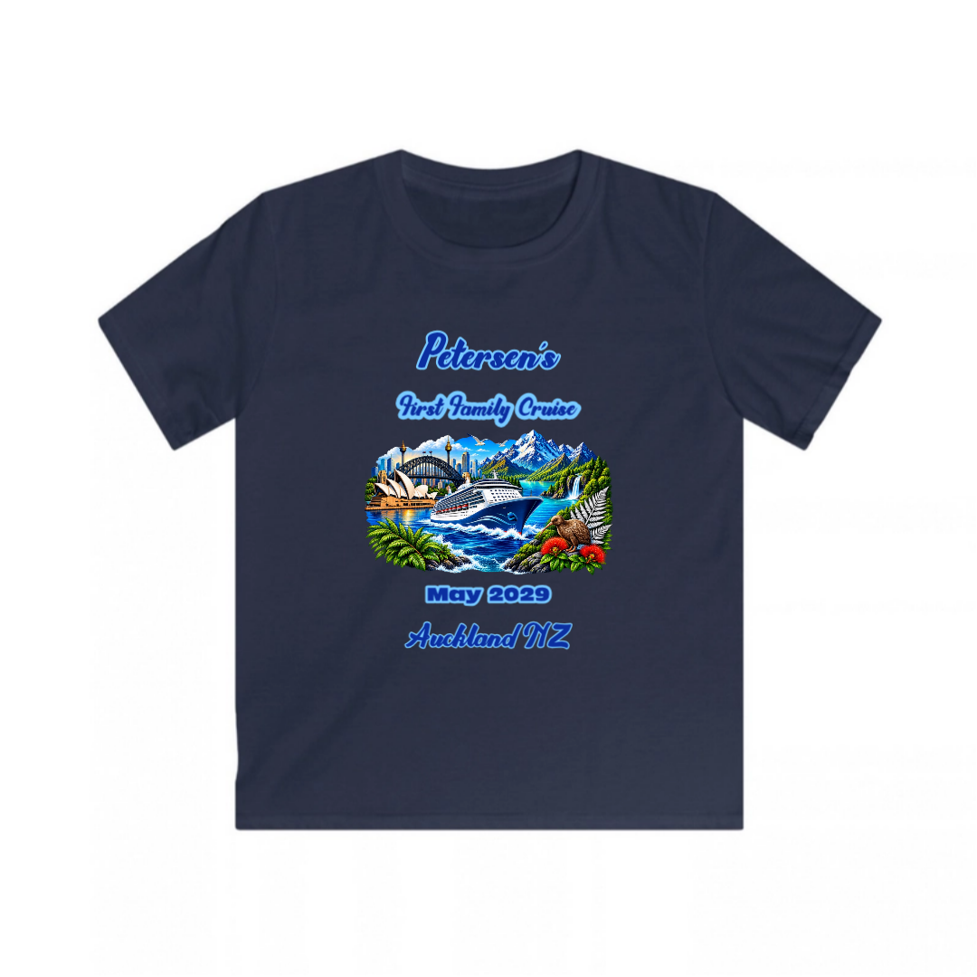 Kids navy Gildan Softstyle 64000B Tee with personalised Sydney to New Zealand family cruise design featuring cruise ship, Sydney landmarks, New Zealand scenery and stopovers.