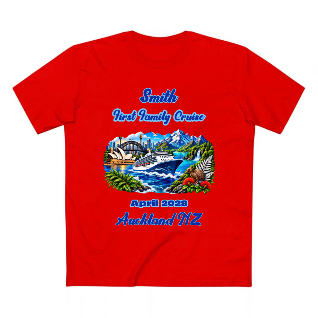 Red Staple Tee personalised family cruise shirt for a Sydney to New Zealand cruise with stopovers, featuring cruise ship and New Zealand scenery.