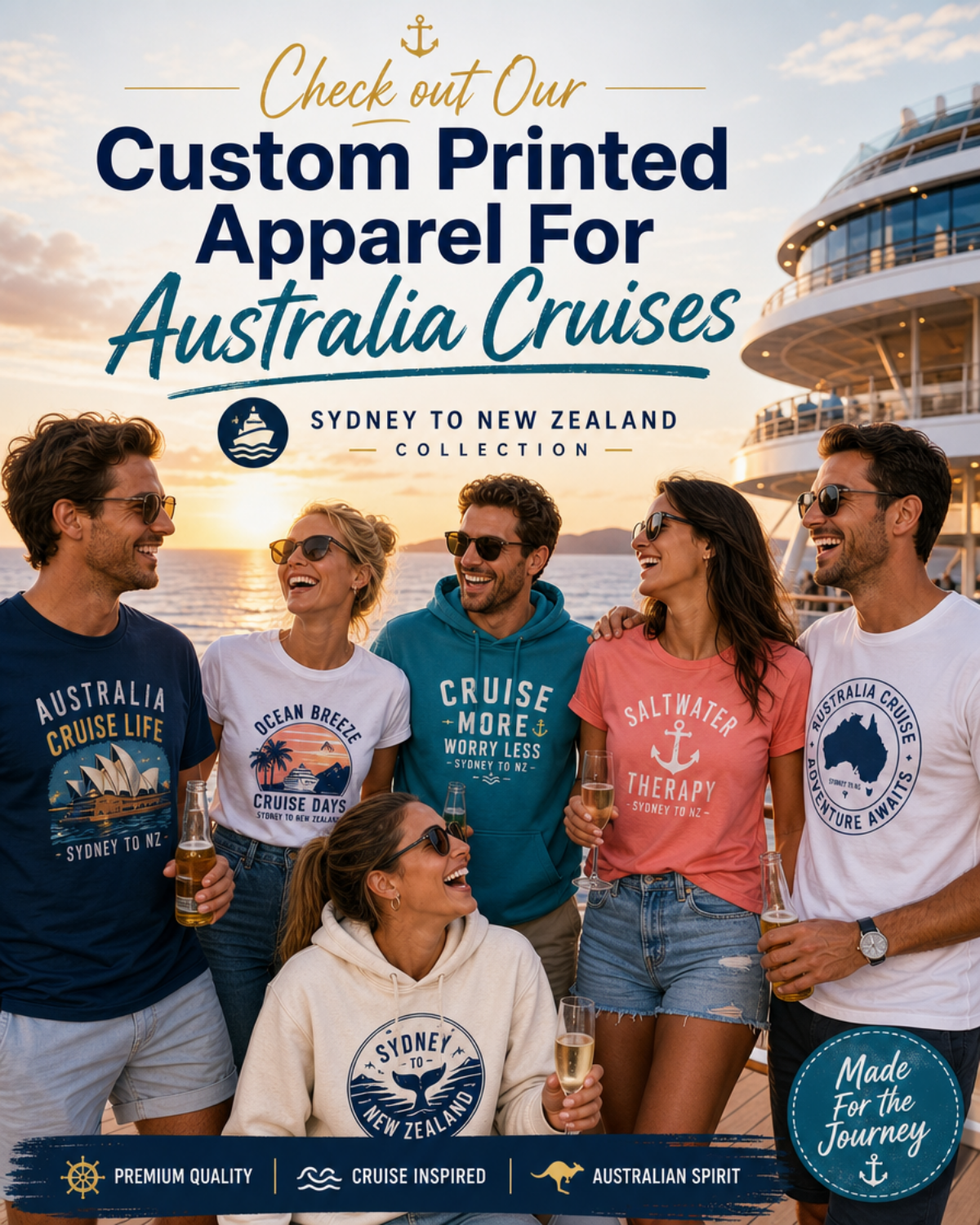 Group wearing custom printed Sydney to New Zealand cruise T-shirts and hoodies on a cruise ship.