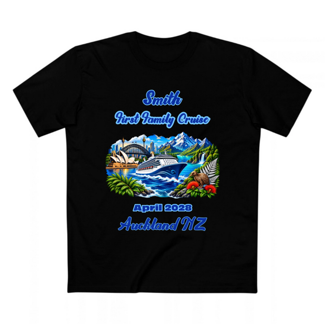Black Staple Tee with personalised Sydney to New Zealand family cruise design featuring cruise ship, Sydney landmarks, New Zealand scenery and stopovers.