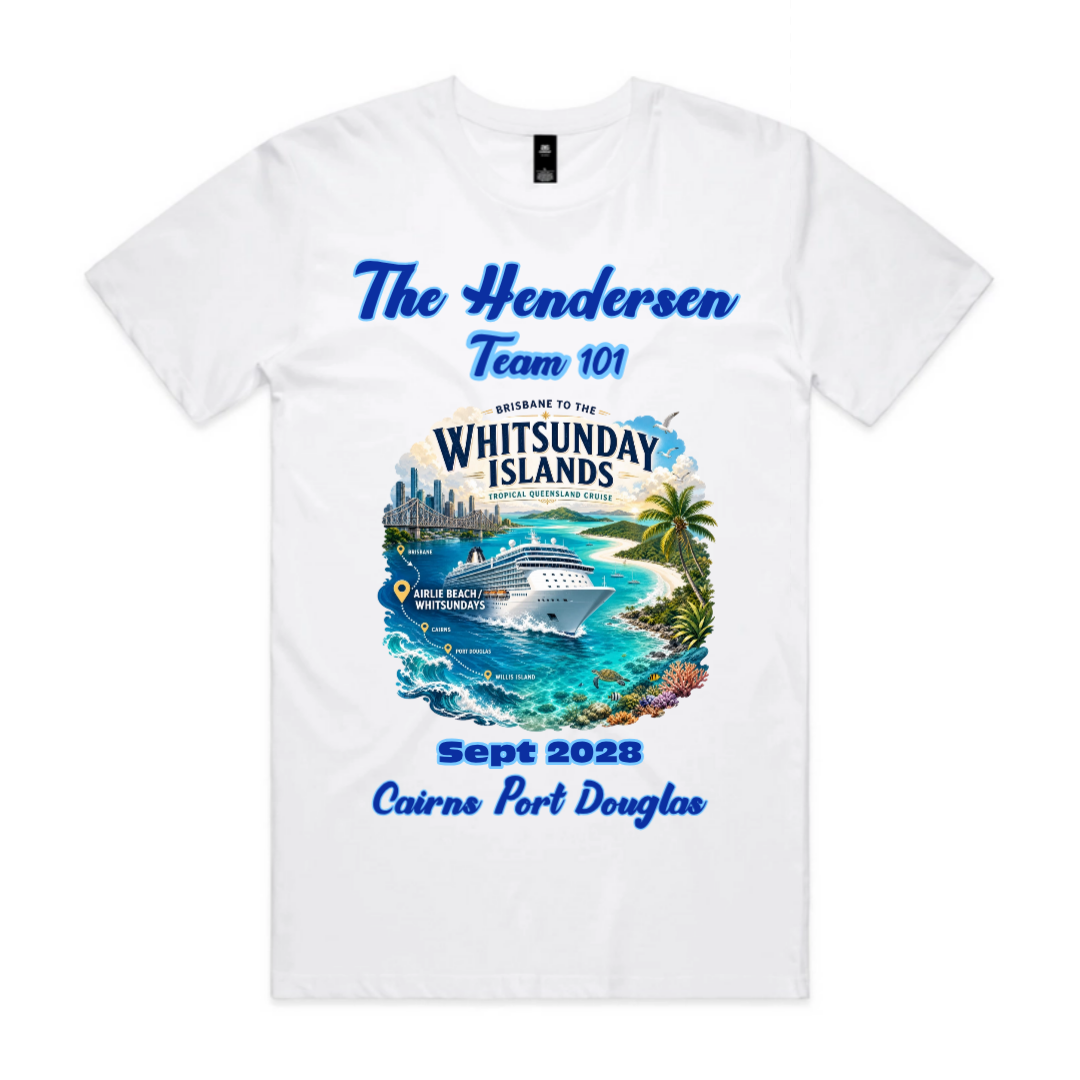 White men’s personalised Brisbane to Whitsundays cruise shirt with Henderson family name, Team 101, September 2028 cruise date and Queensland stopovers.