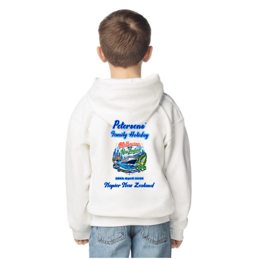 A child viewed from the back wearing a white kids Gildan hoodie with a colorful 'Petersen's Family Holiday' graphic on the back, paired with blue jeans, against a plain white background.