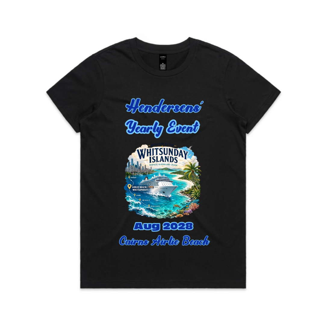 Women’s black AS Colour Maple Tee 4001 with personalised Brisbane to Whitsundays cruise design, family name, August 2028 date and Cairns and Airlie Beach stopovers.