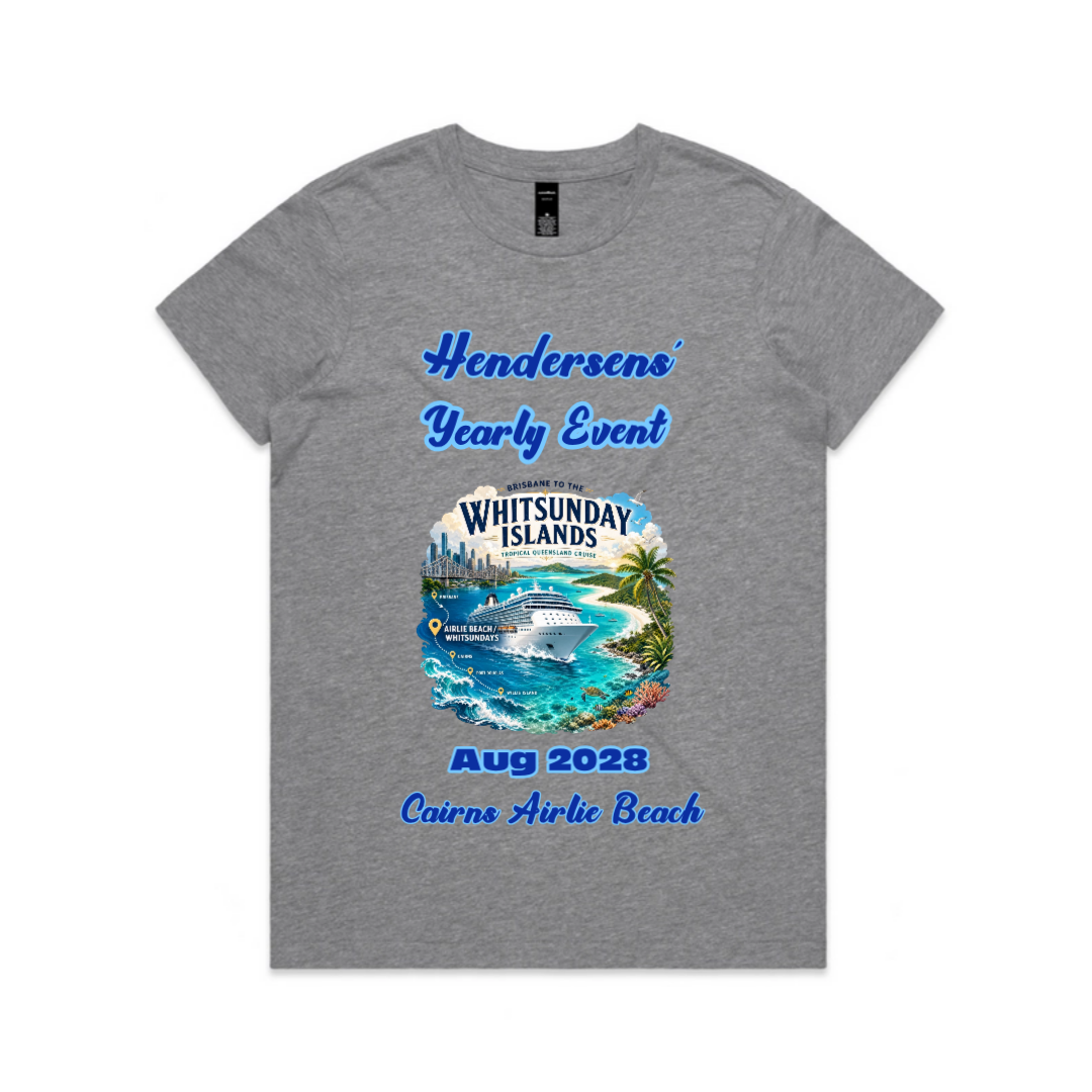 Women’s AS Colour Maple Tee in Grey Marle with personalised Brisbane to Whitsundays cruise design featuring family name, yearly event, August 2028 and Cairns and Airlie Beach stopovers.