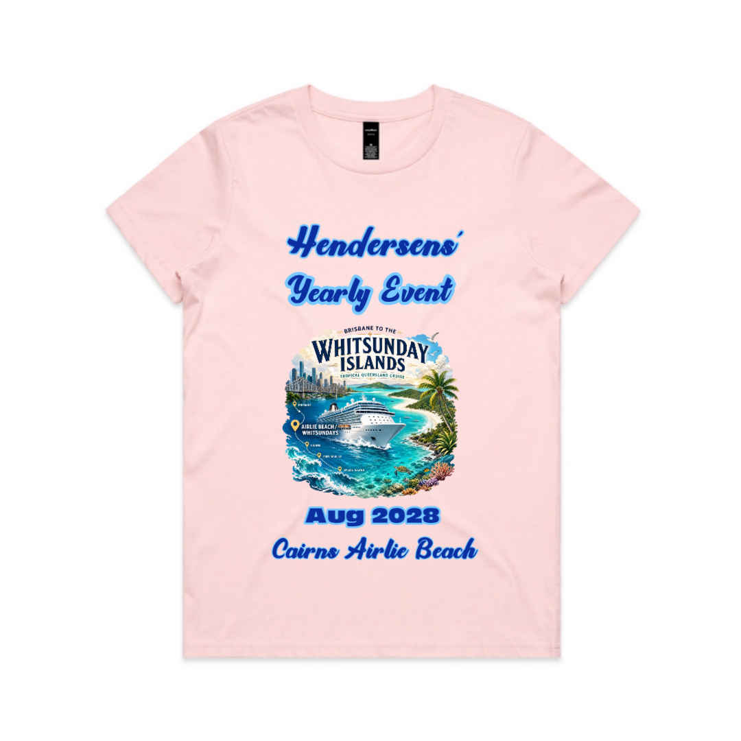 Women’s pink AS Colour Maple Tee with personalised Brisbane to Whitsundays cruise design, family name, August 2028 date and Cairns and Airlie Beach stopovers.